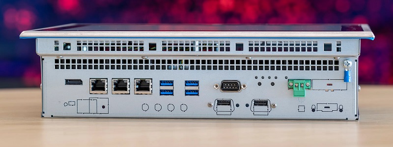 Side view of the panel PC with communication ports