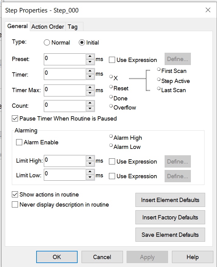 Figure 5. Settings to establish step properties.