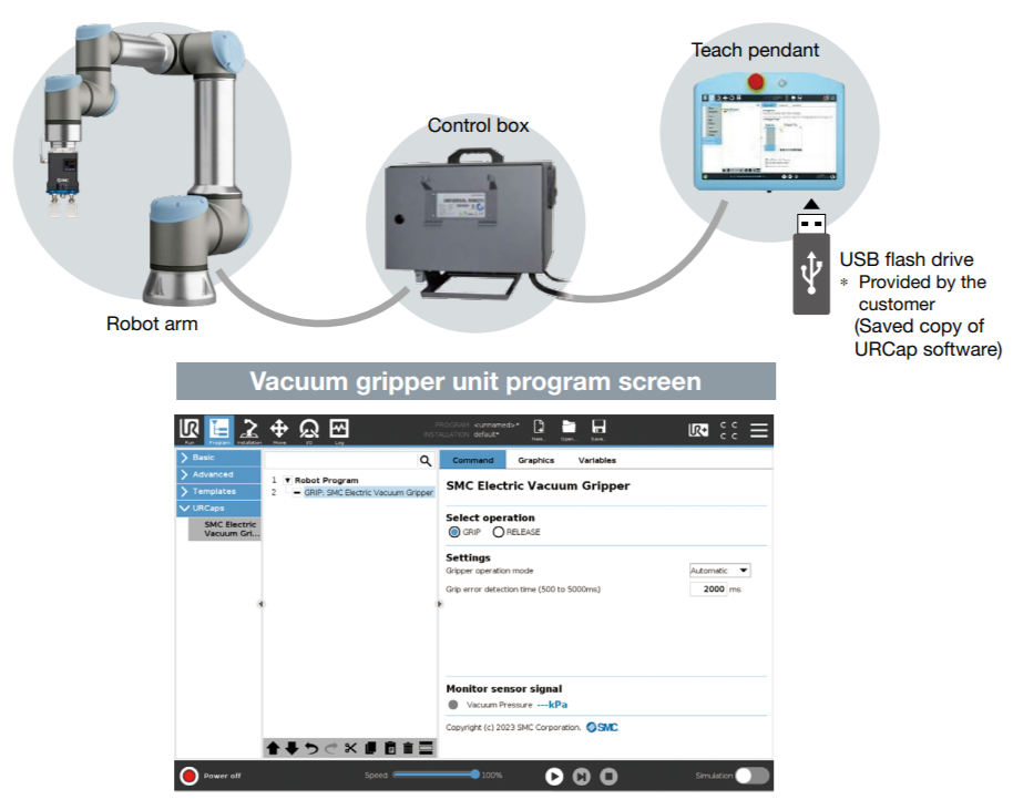 An image showing the vacuum gripper's user interface and the URCap software's initial installation via the teach pendant