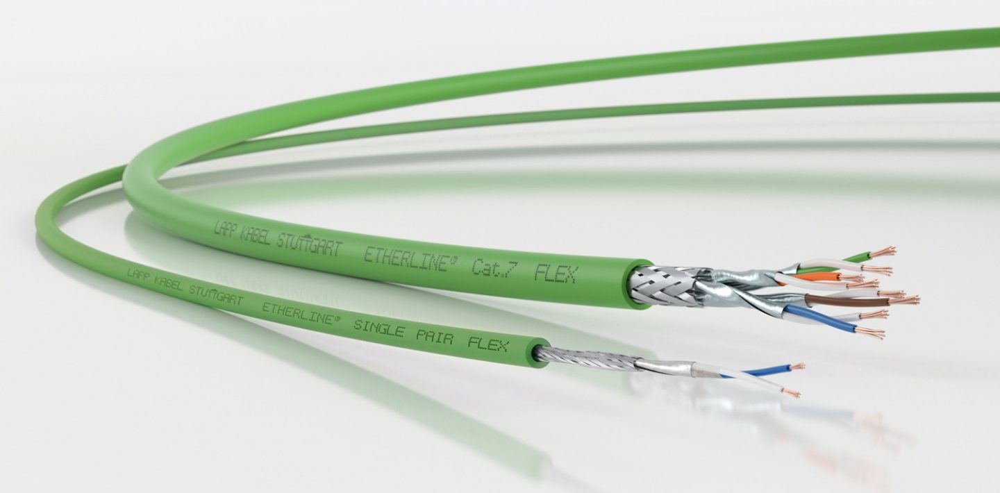 standard Ethernet cable with four twisted wire pairs next to SPE connection with one par of wires