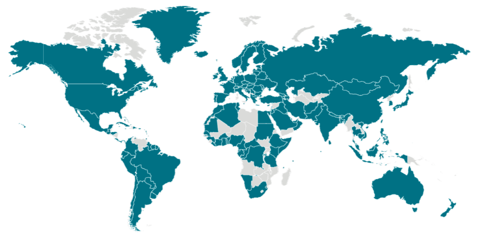 World map of areas with COVID-19