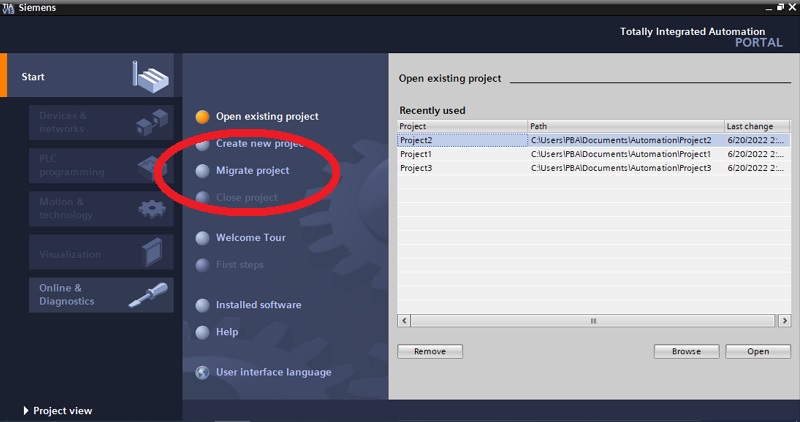 Siemens STEP 7 project migration option
