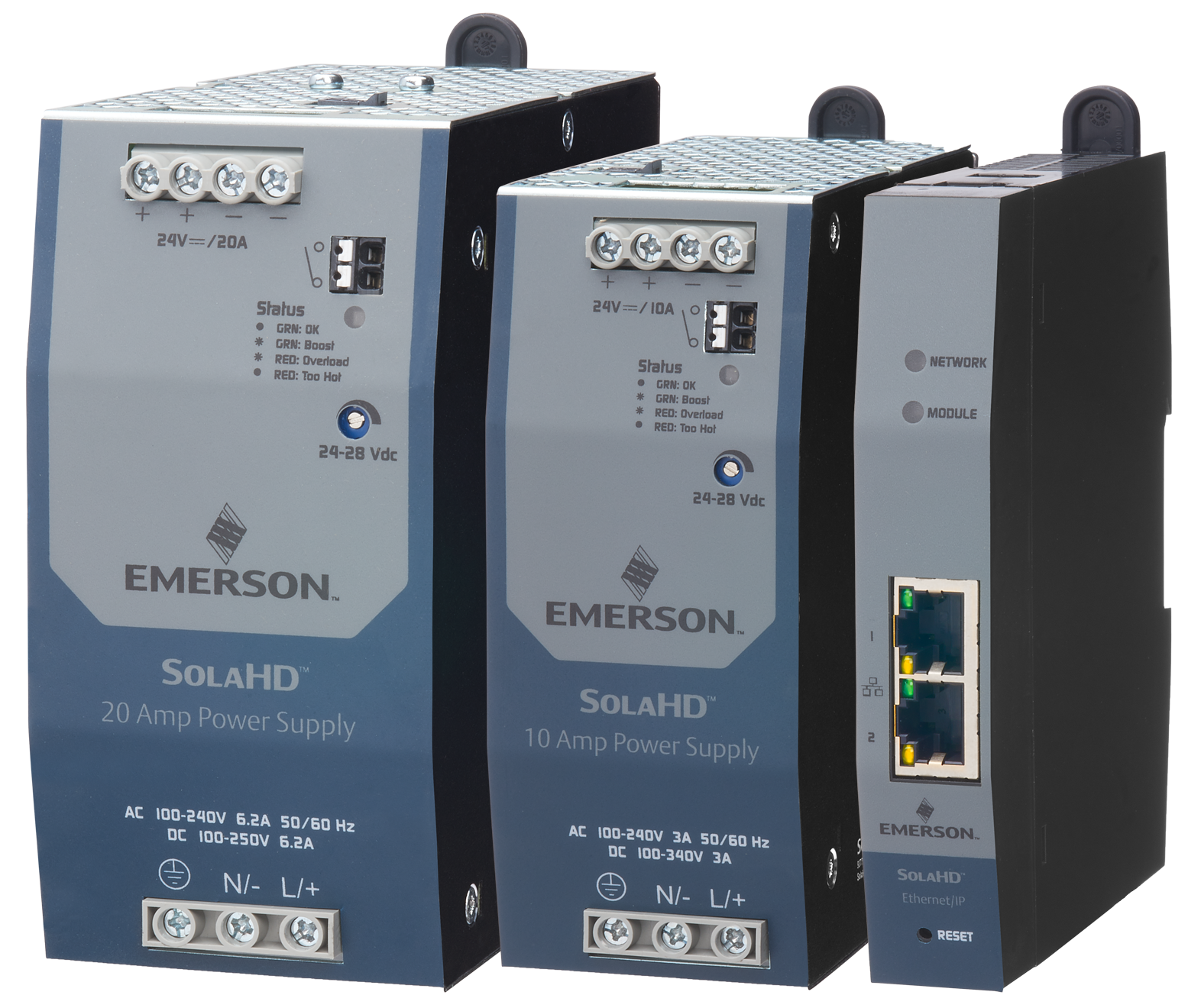 SDN-D high performance DIN rail series power supplies (left) and the Ethernet/IP SolaHD Communication Module (right).