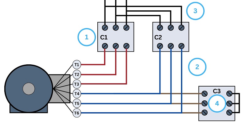 Complete wiring setup for a 6-wire or 12-wire wye-delta setup