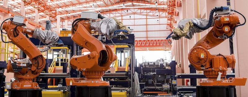 TE connectivity robots working on a factory floor