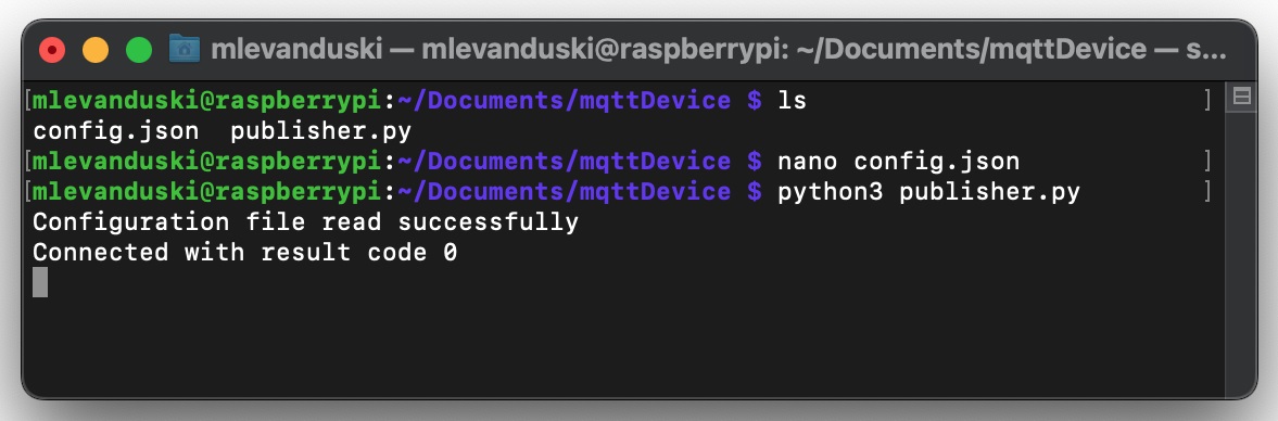 Running the script to publish a payload to the broker