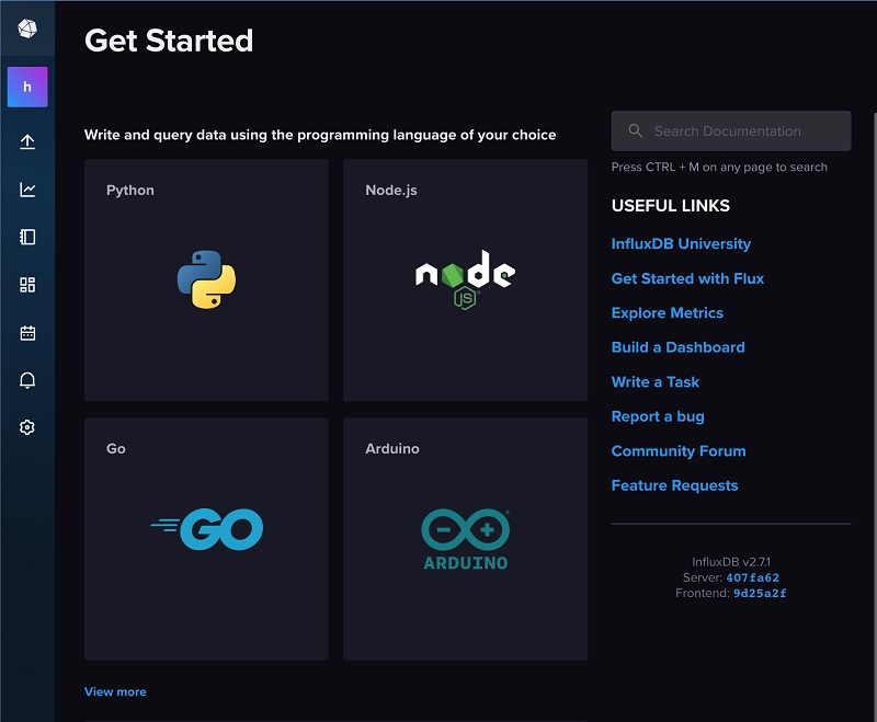influxDB landing page