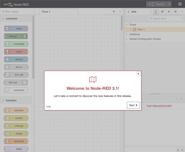 Welcome screen for Node-RED