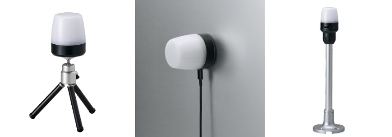 Tripod, magnet, and pedestal mounting options for the NE-S□-USB. Image used courtesy of PATLITE