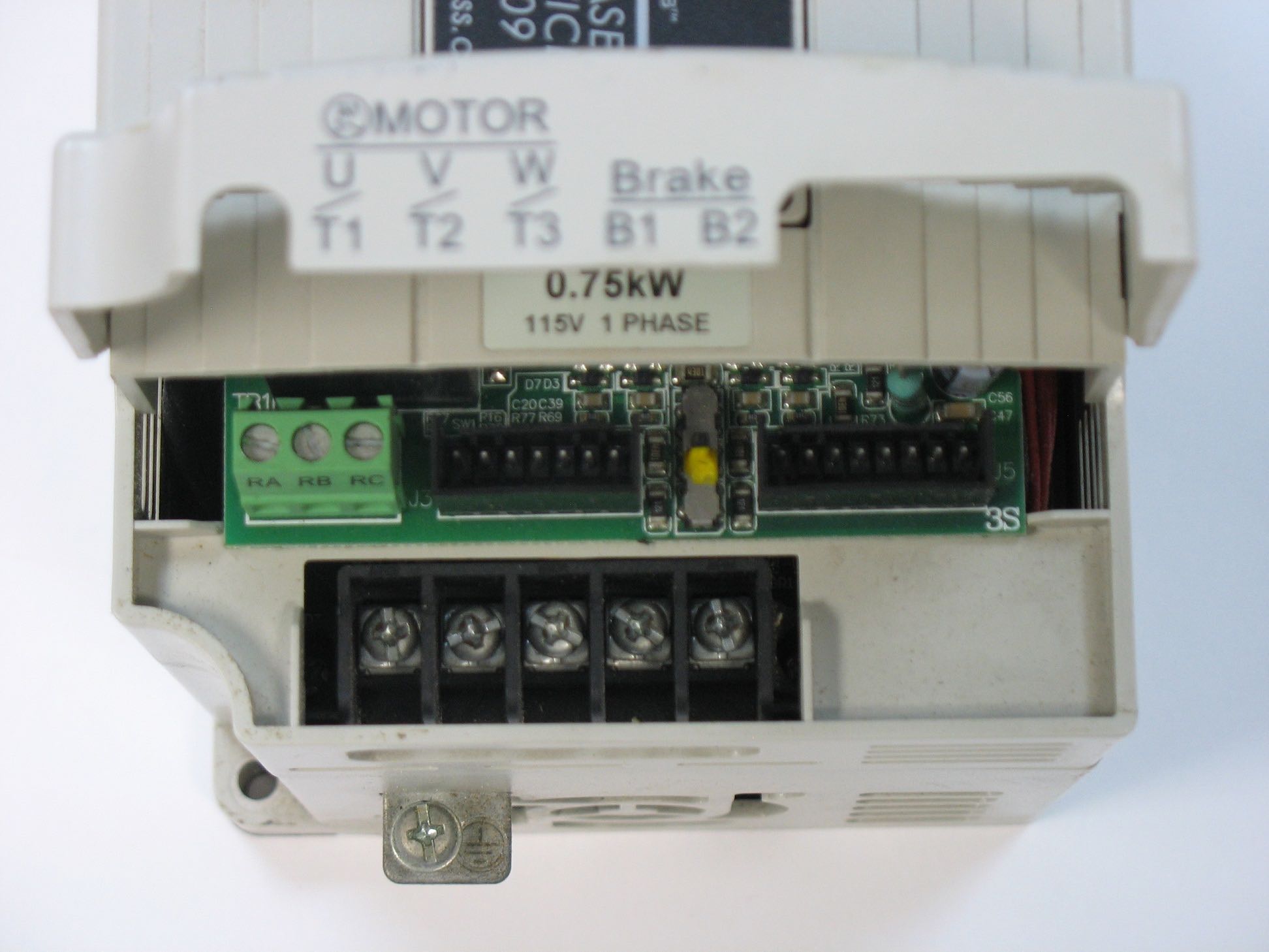 Close up of the power terminals on a VFD or inverter drive