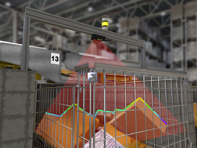 simulation of oddly shaped packages falling into a bin, ToF sensing can measure the fill level of this bin and look for potential overflow conditions.