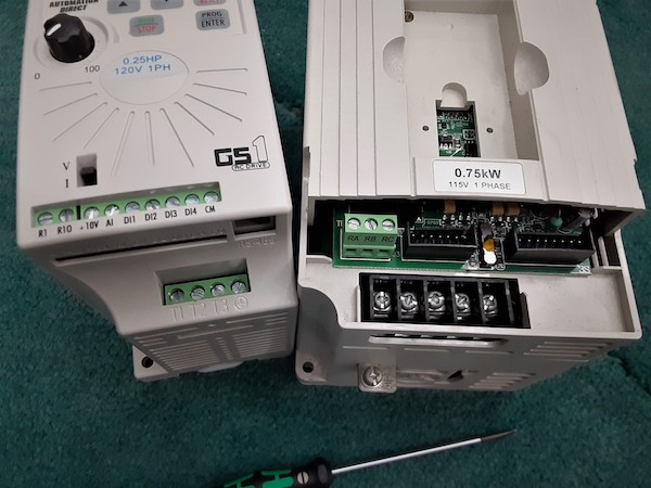 Two examples of VFDs showing the control terminals as screw terminals (Left) and pre-wired connectors