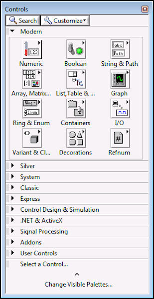 LabVIEW controls palette