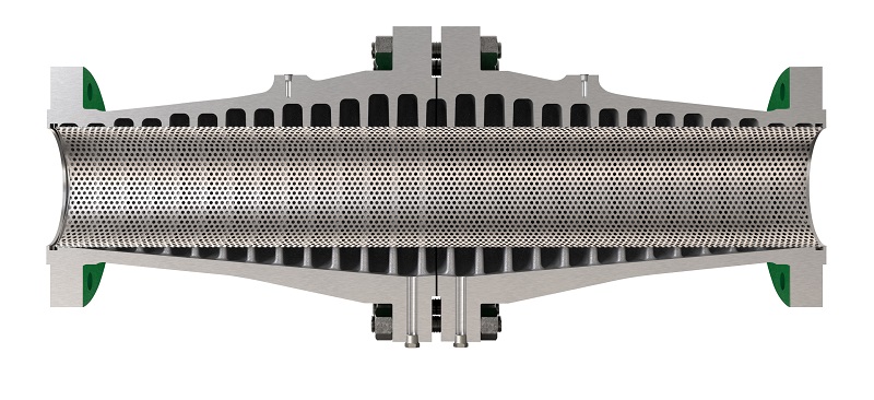 Cross section view Emerson's Fisher WhisperTube attenuator