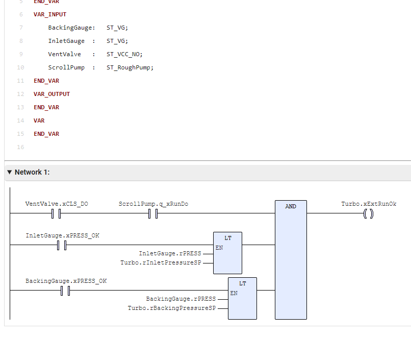 Copia's rendered ladder logic of a Beckhoff TwinCAT3 TcPOU file