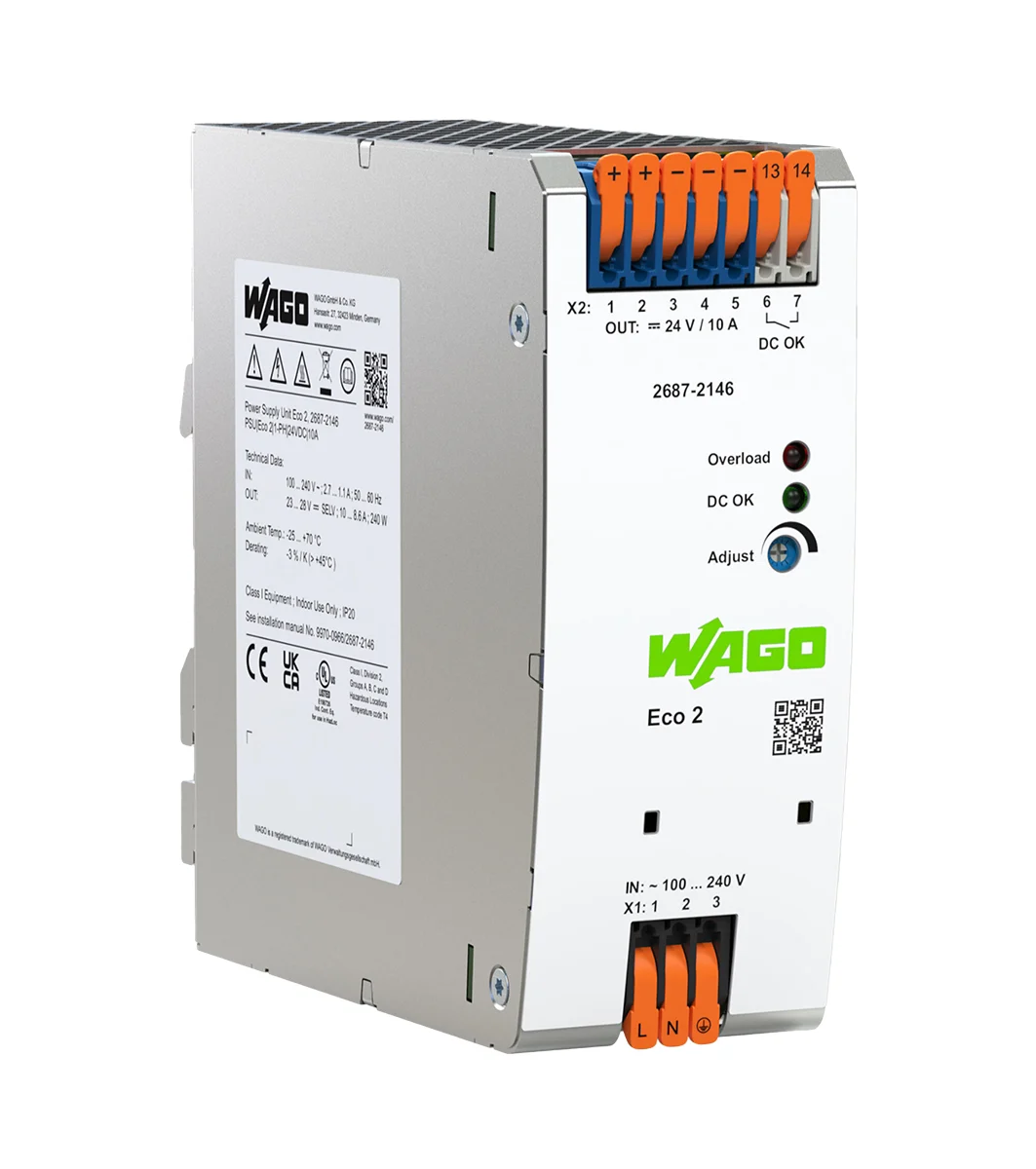 WAGO’s ECO 2 power supply features DC O.K. contacts. 