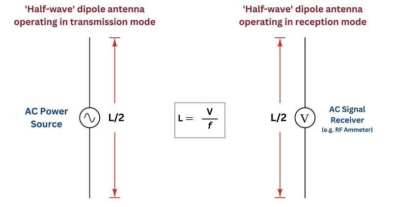 Half-wave dipole antenna operating in transmission and reception mode