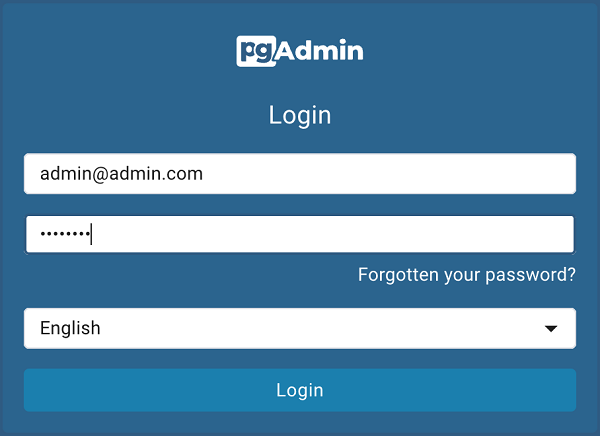 Login screen for pgAdmin