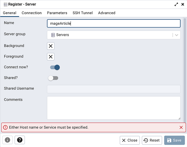 Parameters for selecting a new pgAdmin server location
