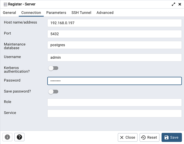 pgAdmin server connection properties