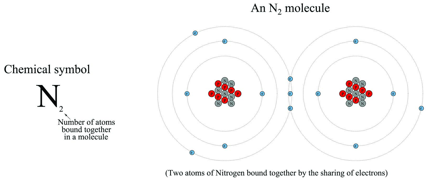 Two atoms of Nitrogen bound together by the sharing of electrons