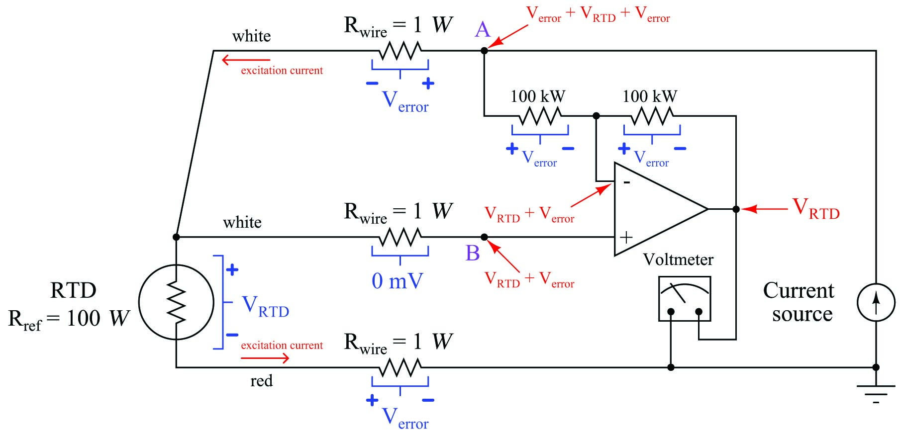 practical electronic circuit for a 3-wire RTD sensor