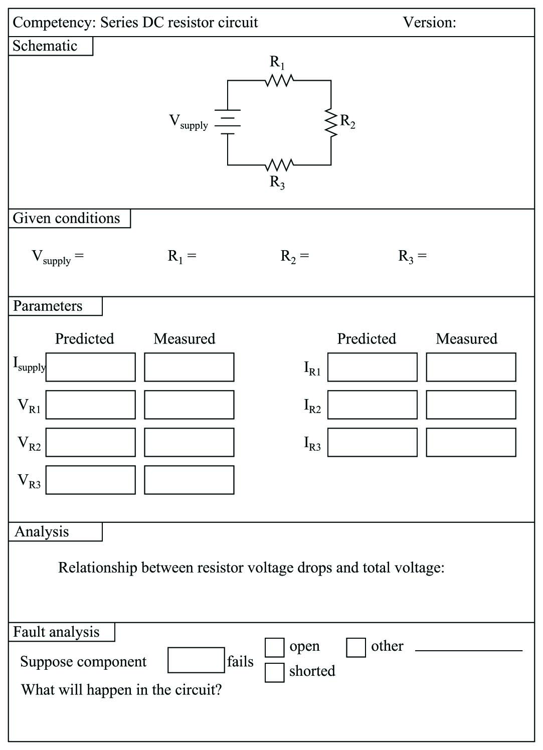 simple three-resistor series DC circuit lab exercise